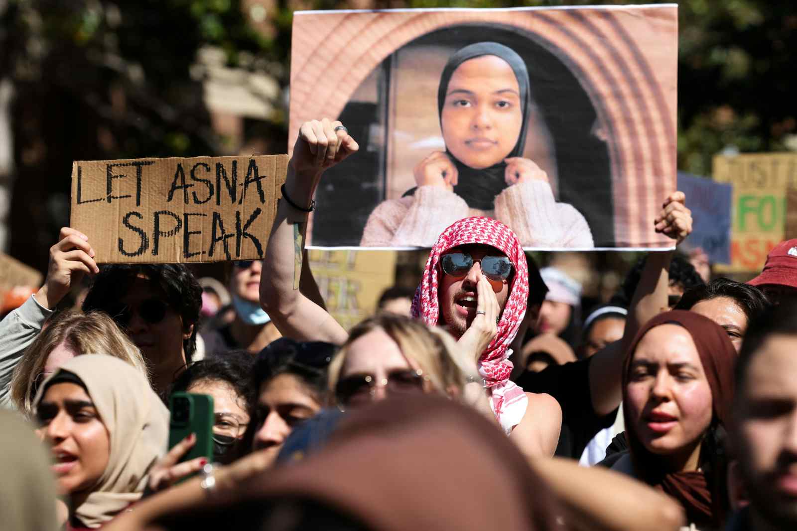 USC students participate in a silent march in support of Asna Tabassum, whose graduation speech has been cancelled by USC administration, on Thursday, April 18, 2024 in Los Angeles, California (Wally Skalij / Los Angeles Times via Getty Images)