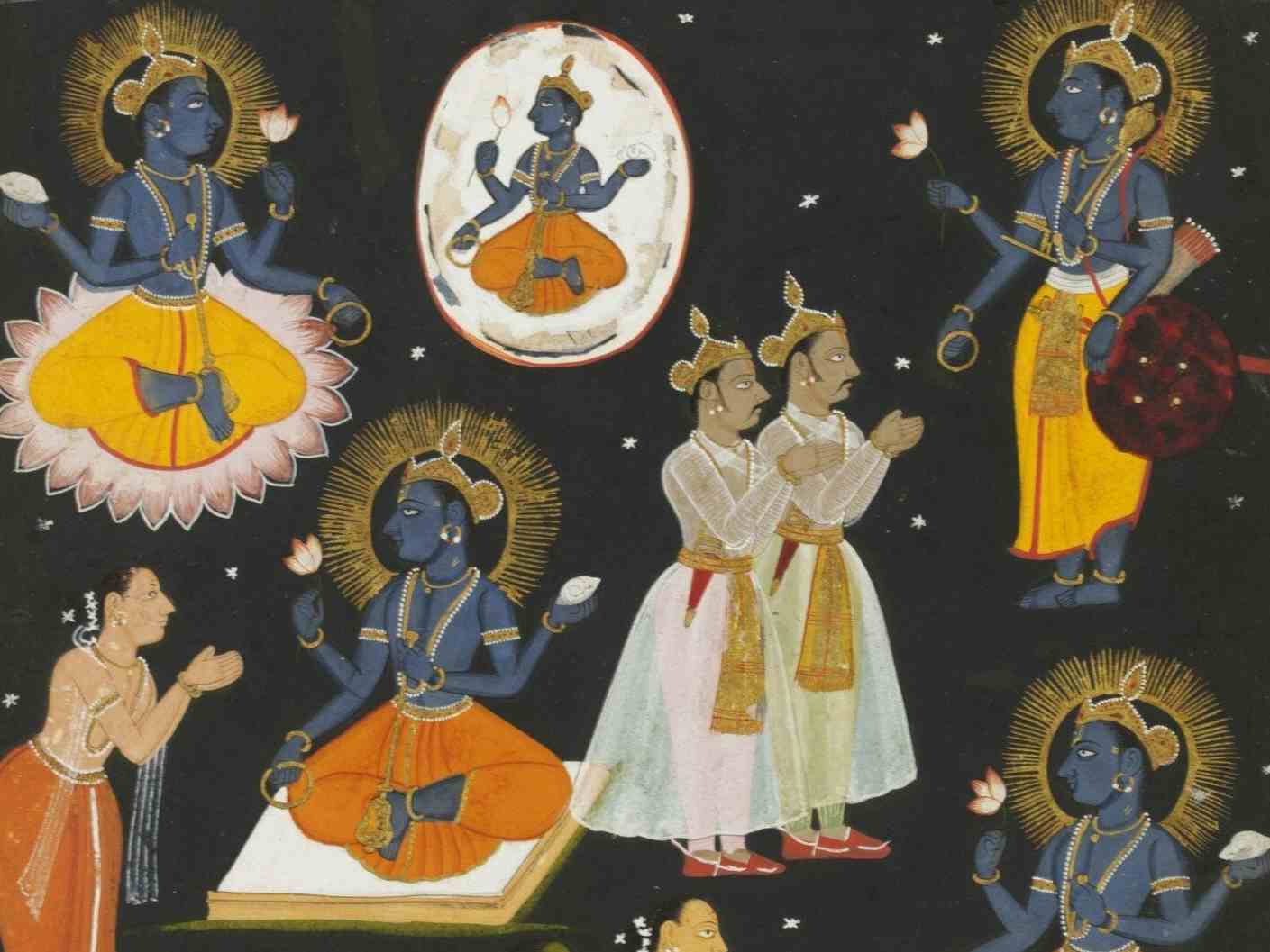 Vishnu ca. 1690 (Victoria & Albert Museum): In this illustration to the Hindu text the 'Vishnu Sahasranama' (The Thousand Names of Vishnu), the god Vishnu is shown being worshipped in several forms at once by groups of devotees.
