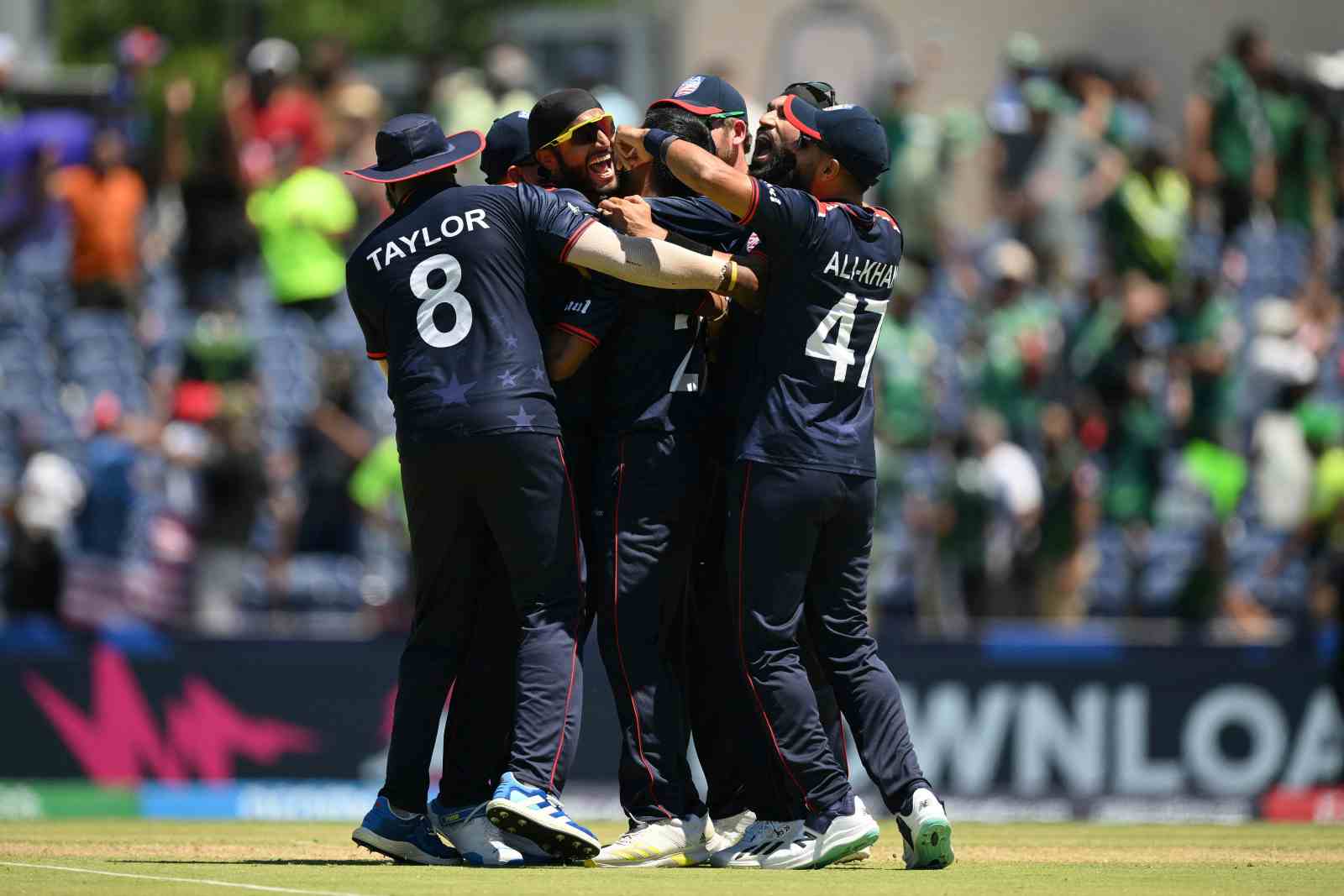 USA players celebrate after defeating Pakistan in a super over during the ICC Men’s T20 Cricket World Cup at Grand Prairie Cricket Stadium on June 6, 2024 in Dallas, Texas (Matt Roberts-ICC/ICC via Getty Images)