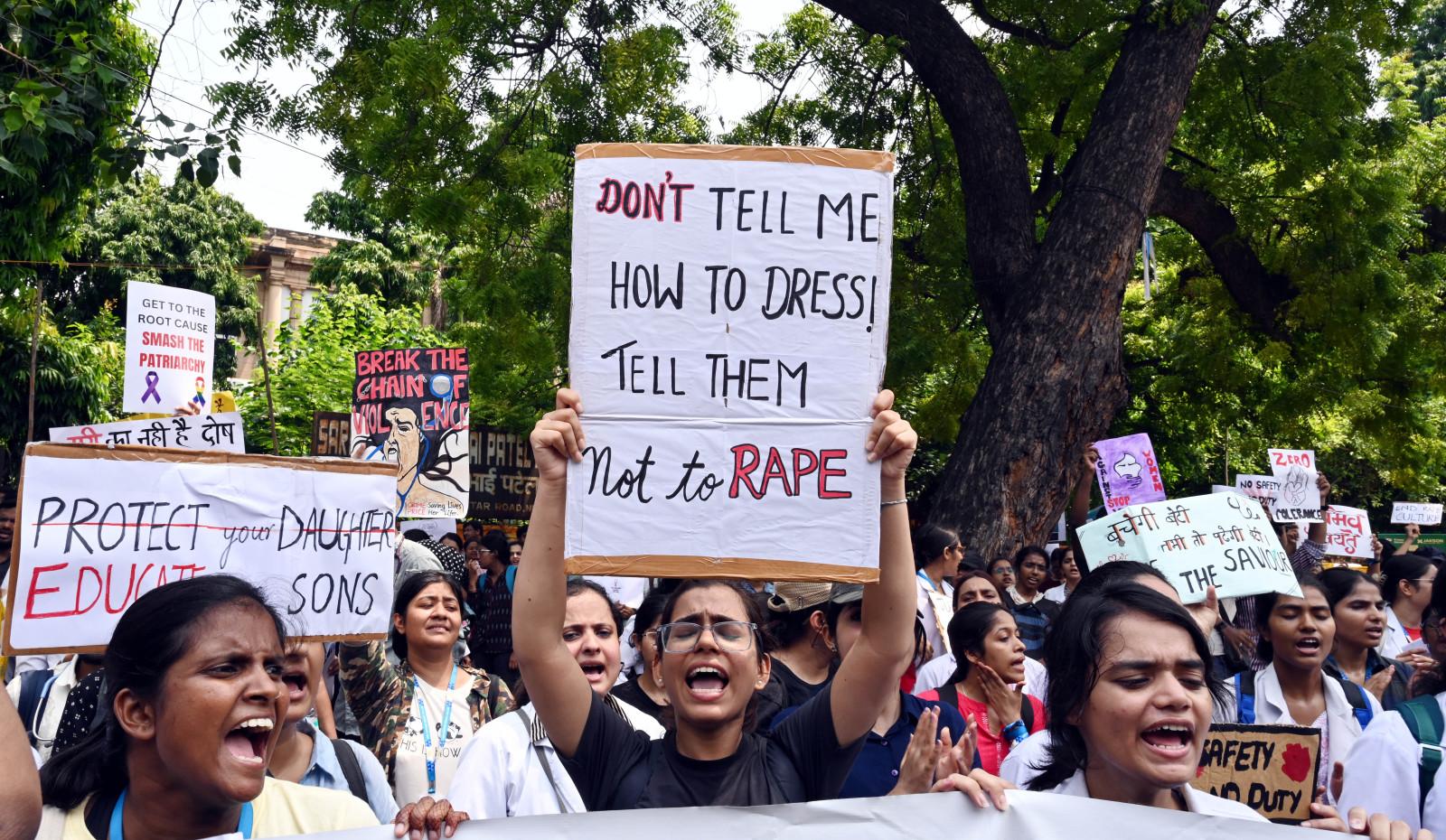 Doctors and students take part in a protest over the alleged sexual assault and murder of a doctor in Kolkata, on August 21, 2024 in New Delhi, India (Arvind Yadav/Hindustan Times via Getty Images)