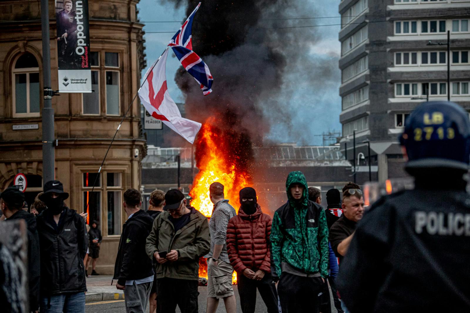 Far-right activists hold an ‘Enough is Enough’ protest on August 2, 2024 in Sunderland, England (Drik/Getty Images)